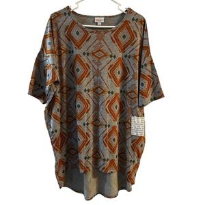 Lularoe Irma Tunic Top Women's Large Gray Orange Geometric Diamond High Low NWT
